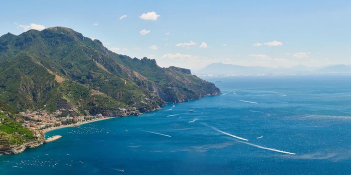 High angle view of Minori and Maiori, Amalfi coast, Italy.