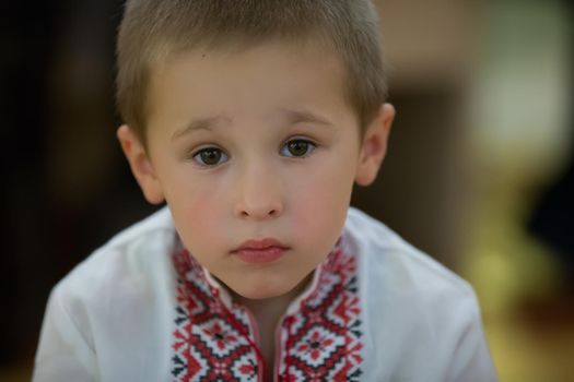 Portrait of a small Belarusian or Ukrainian boy in embroidery