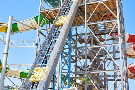 High slides in water park. Aqua park background