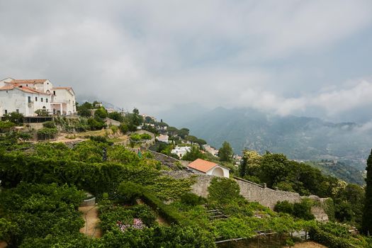 Scenic panoramic view of Ravello surroundings with agriculture terraces, Amalfi Coast, Campania, Italy
