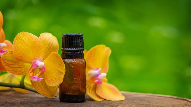 Massage oil and stones with yellow orchid. Natural oils. Selective focus.