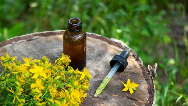 St. John's wort flower oil in a glass bottle. on a wooden background. Selective focus