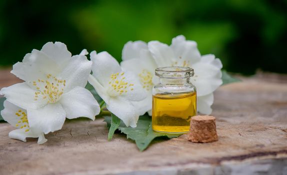 Essential oil and jasmine flowers on a wooden background. Cosmetic procedures. Selective focus