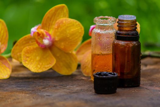 bottles with essential oils and orchid in Minsk on a wooden background. Natural perfume. Selective focus