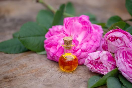Close-up of rose essential oil bottle with falling leaves on wooden background. Selective focus