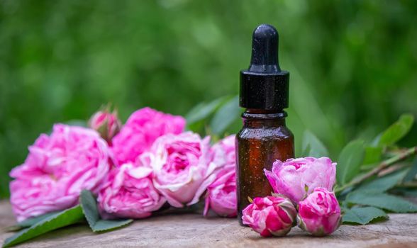 Close-up of rose essential oil bottle with falling leaves on wooden background. Selective focus