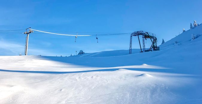 Scenic view of top station of ropeway. Ski resort 