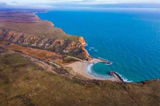 Amazing aerial view at the rocky coastline and small exotic bay Bolata beach,  Bulgaria. 