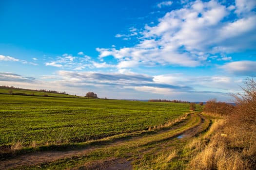 The rural landscape of road near fields and beauty clouds