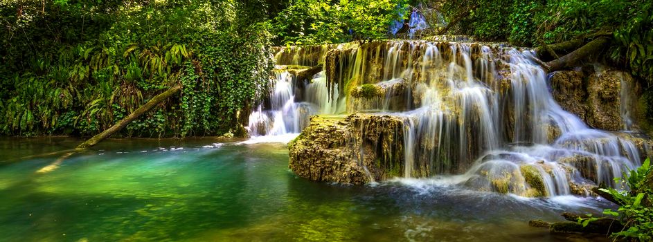 Cascade waterfalls paniramic view. Krushuna falls in Bulgaria near the village of Krushuna, Letnitsa.