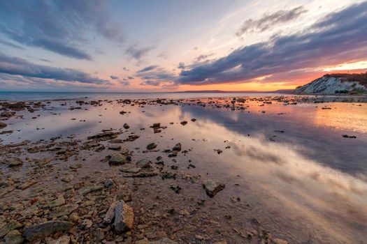 Exciting sunset view from rocky coast at the Black sea coast, Bulgaria