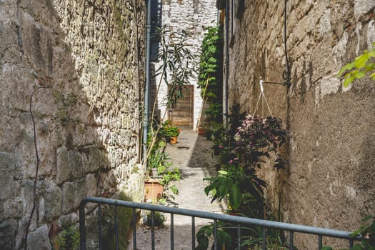 Monflanquin, France - October 17, 2021: architectural detail of typical houses in the city center on an autumn day