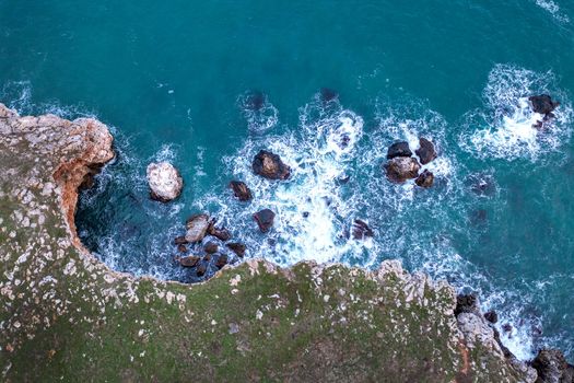 Aerial drone view of rocky coastline