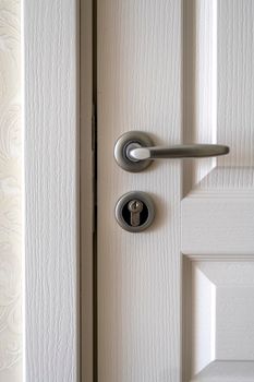Exterior door handle and Security lock on Metal frame. Aluminum door knob. Modern wooden door with metal door handle