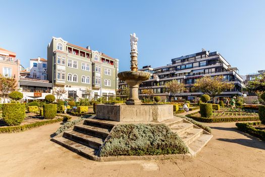 Braga, Portugal - October 27, 2021: Garden of Santa Barbara (Jardim de Santa Barbara) where gardeners work in the historic city center on an autumn day