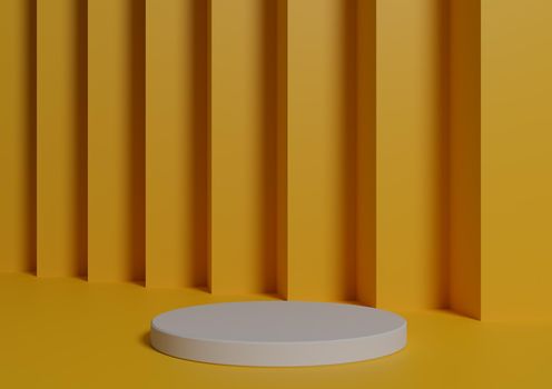 Simple, Minimal 3D Render Composition with One White Cylinder Podium or Stand on Abstract Bright Orange, Warm Yellow Background for Product Display
