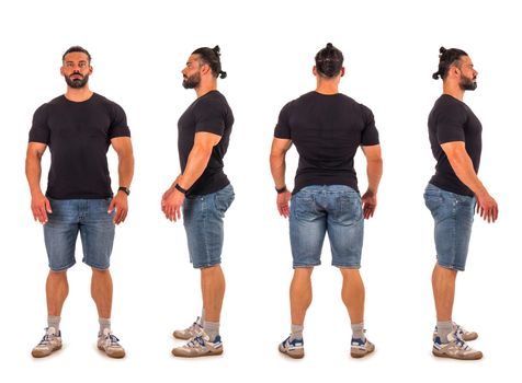 Four views of muscular male bodybuilder: back, front and profile shot, isolated on white background