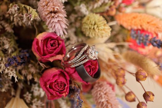 Diamond Wedding Ring with Wedding Band and Bouquet of Fragrant Dried Wildflowers, Boho Micro Wedding elopement.
