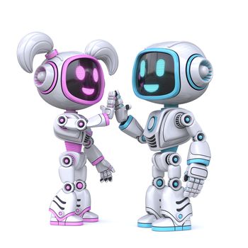 Cute pink girl and blue boy robots giving a high five 3D rendering illustration isolated on white background