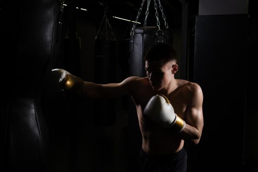 Blows athlete the bag practices boxer The glove black young background competition, for strength gloves from punch from caucasian hit, sportswear sweat. Backlit model dark, fitness