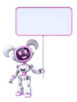 Cute pink girl robot with blank banner sign 3D rendering illustration isolated on white background