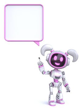 Cute pink girl robot with blank comic bubble 3D rendering illustration isolated on white background