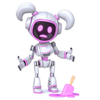 Cute pink girl robot dropped ice cream 3D rendering illustration isolated on white background