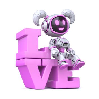 Cute pink girl robot sitting on LOVE word 3D rendering illustration isolated on white background