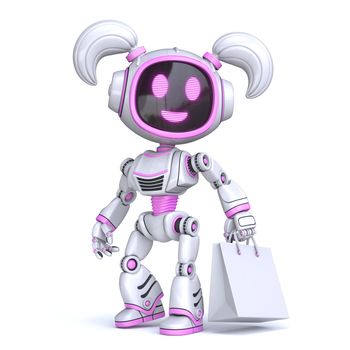 Cute pink girl robot with white shopping bag 3D rendering illustration isolated on white background