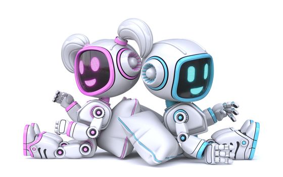 Cute pink girl and blue boy robots talking an pillows 3D rendering illustration isolated on white background