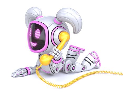 Cute pink girl robot holding retro phone 3D rendering illustration isolated on white background