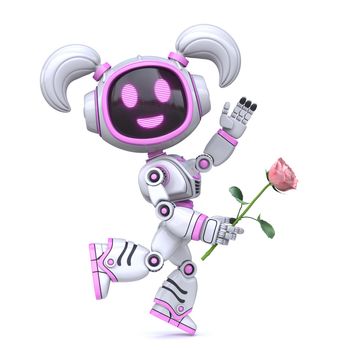 Cute pink girl robot in love hold rose 3D rendering illustration isolated on white background