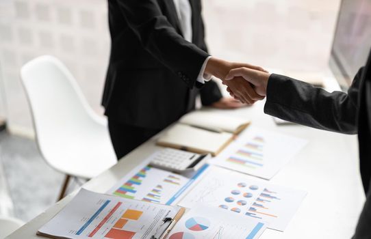 Two confident business man shaking hands during a meeting in the office, success, dealing, greeting and partner concept