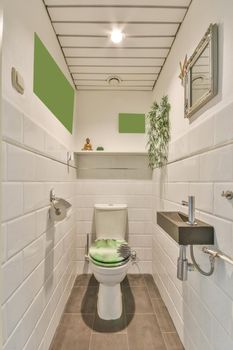 Beautifully decorated toilet with toilet bowl sink and mirror inside, in a modern house
