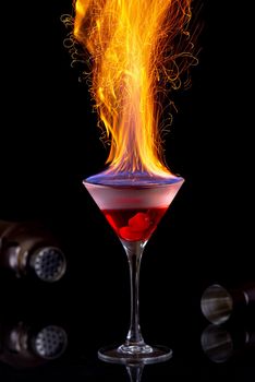 burning shot. shot and fire on a dark background. burning cocktail.