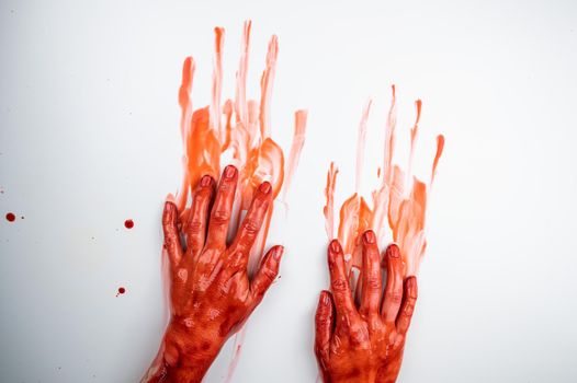 Female hands in blood on a white background