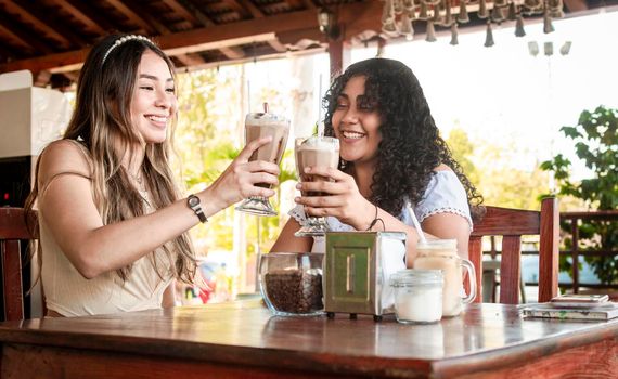 Two girls having a milkshake, two girl friends in a cafe, two girls toasting in a cafe