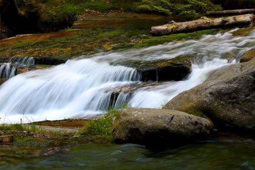 View of the flowing river in the forest high in the mountains