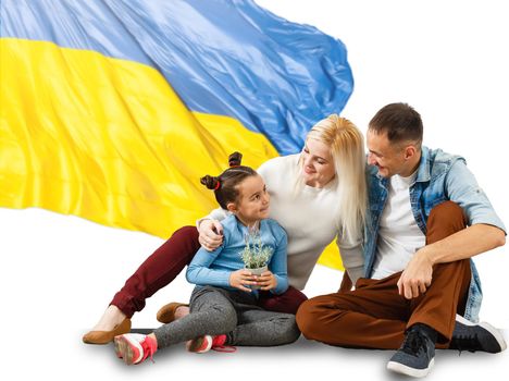 family with flag of ukrainet, yellow and blue colors of the Ukrainian flag. Family, unity, support,. Russia's invasion of Ukraine, a request for help to the world community