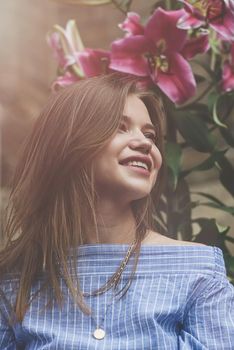 Close up fashion portrait of pretty girl, have long amazing brunette hairs.