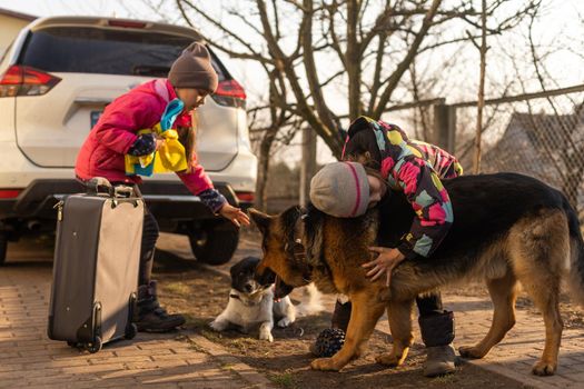 two little girls with the flag of ukraine, suitcase, dogs. Ukraine war migration. Collection of things in a suitcase. Flag of Ukraine, help. Krizin, military conflict