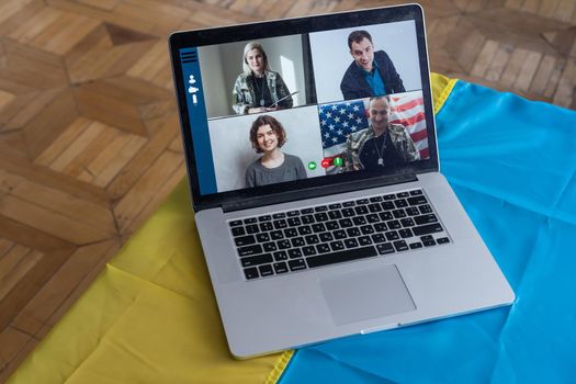 Online Digital Media Support For Ukraine. Freedom And Patriotism Concept. laptop family.