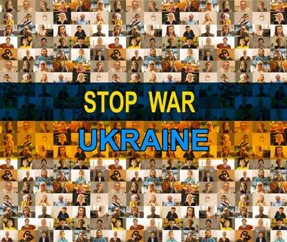 faces collage with flag ukraine. stop war.