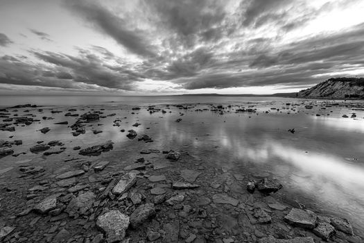 Exciting sunset view from rocky coast at the Black sea coast, Bulgaria