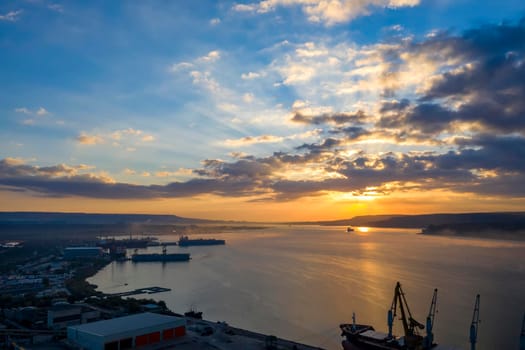 Amazing colorful sunrise over the sea. Aerial view