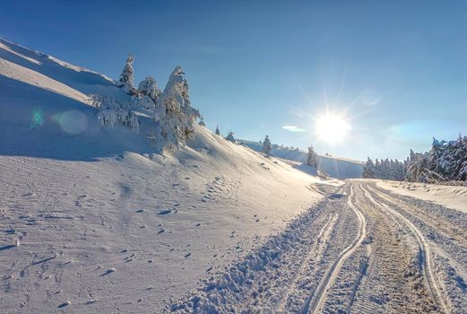 Sun, snow and car tracks on the road in the winter in the mountain. The concept of winter travel by car.