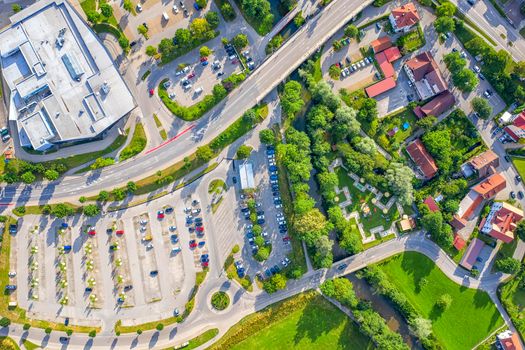 Aerial view from drone of the parking area and houses near the town  Wangen Im Allgau, Germany