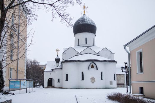 Moscow, Russia - 28 March 2022, Marfo-Mariinsky convent in Moscow, on Bolshaya Ordynka street. Popular landmark. Color winter photo.