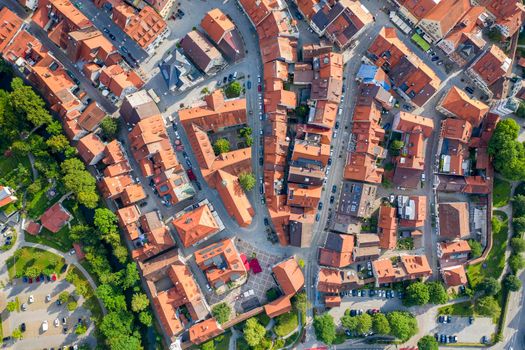 WANGEN IM ALLGAU, GERMANY - July 21.2019: Aerial view from drone to the ancient historic medieval old town