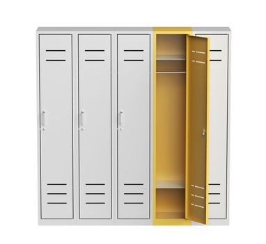 Front view of five lockers on white background, one opened